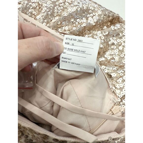 Dessy Collection Elle Rose Gold Strappy Sequined Low Back Long Gown Dress 10 - Picture 6 of 6